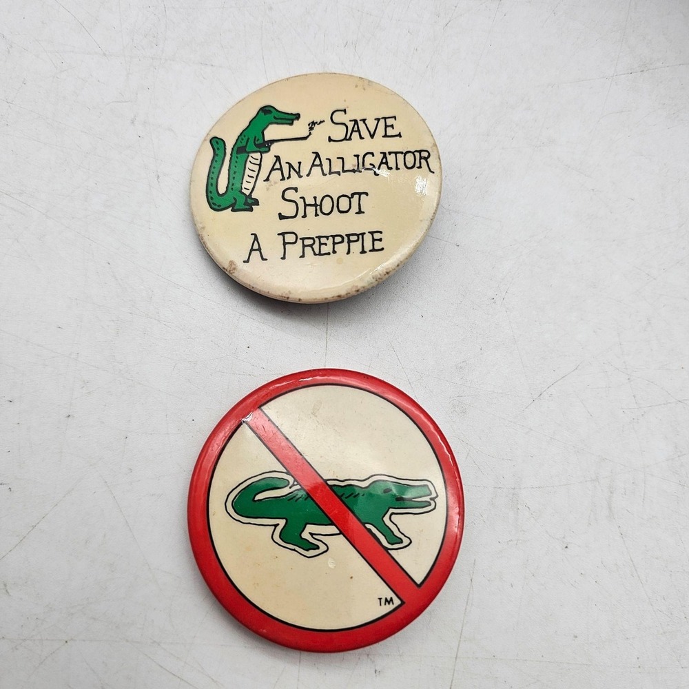 Vintage 80s Anti Alligator Preppie Buttons Lot Of 2 Humorous Pinback Pins USA